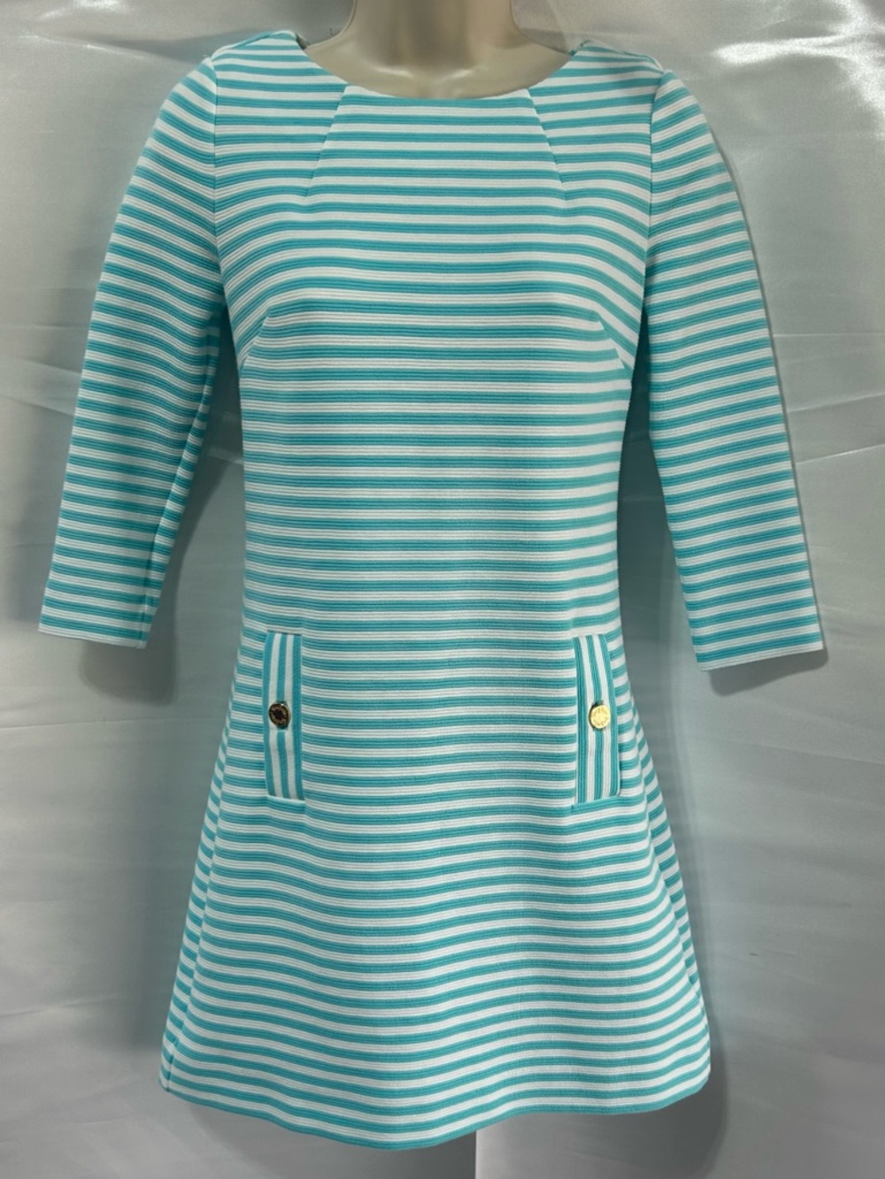 Lilly Pulitzer Womens Charlene Shift Dress Aqua Stripe Stretch 3/4 Sleeve XXS